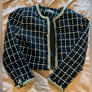 Alice & Olivia cropped tweed jacket w/ pearl and gold chain embellishments (XL)